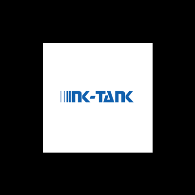 Logotipo azul do texto INK-TANK com três linhas verticais