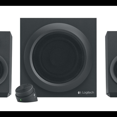 Conjunto de colunas Logitech pretas com subwoofer e controlador de volume