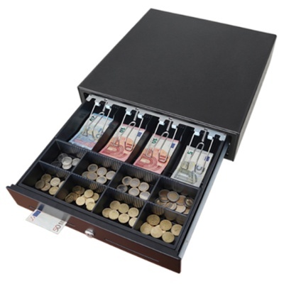 gaveta caixa registadora preta com moedas e notas de euro organizadas