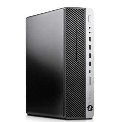 Computador de secretária HP EliteDesk preto e cinzento com portas USB e textura diagonal