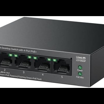 Comutador de rede TP-Link preto com 5 portas gigabit e 4 portas PoE+