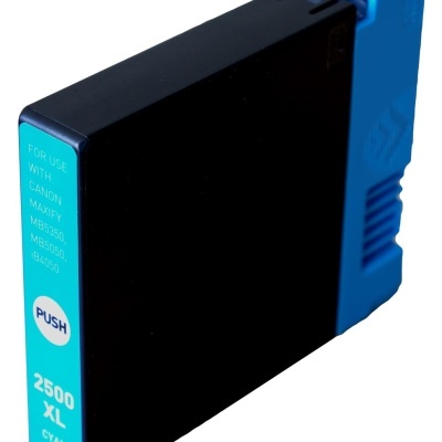 Cartucho de tinta para impressora azul e preto com etiqueta azul claro.