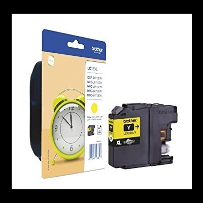 Cartucho de tinta Brother LC125XL Yellow na embalagem azul e bege com imagem de despertador verde