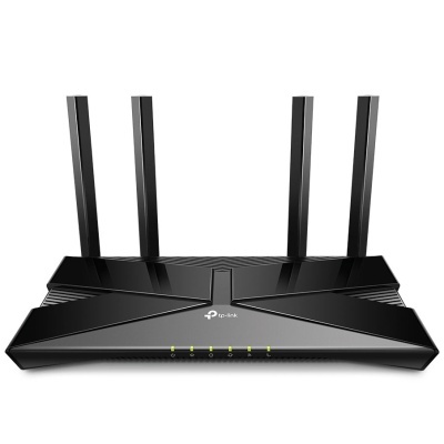 Router Wi-Fi preto TP-Link com quatro antenas e luzes LED verdes