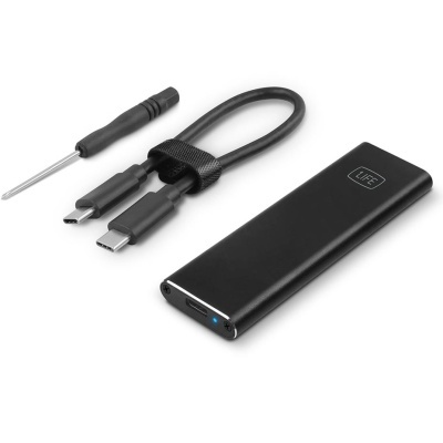 Disco rígido externo preto com cabo USB tipo C duplo e chave de fendas