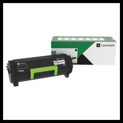 Toner Lexmark preto com detalhes verdes junto à caixa verde e branca