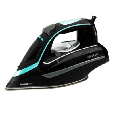 ferro de engomar elétrico preto com detalhes azuis e cinzentos