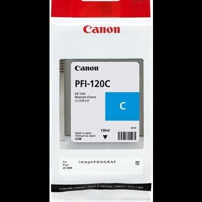 Recarga de tinta Canon PFI-120C azul em embalagem branca e vermelha.