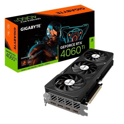 Placa gráfica Gigabyte GeForce RTX 4060 Ti em caixa com três ventoinhas visíveis