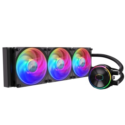 Sistema de arrefecimento para computador com três ventoinhas RGB e bloco de água.