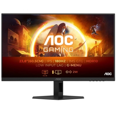 Monitor AOC Gaming 23,8 polegadas preto com especificações técnicas no ecrã