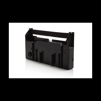 Fita de tinta preta para impressora em plástico preto sobre fundo branco