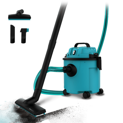 Aspirador de pó azul com mangueira e acessórios pretos