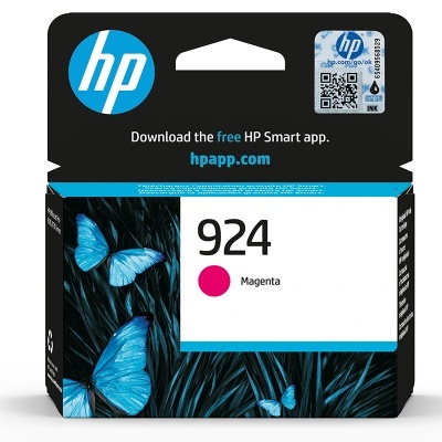 Embalagem de tinteiro HP 924 Magenta com borboletas azuis e indicação de app
