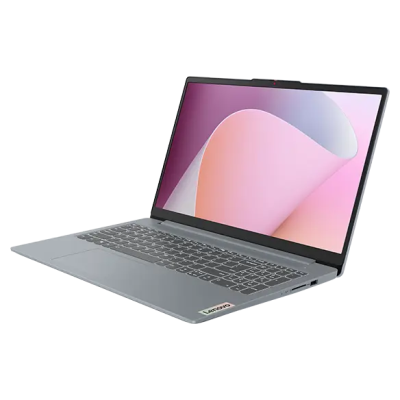 Computador portátil Lenovo cinza metálico com teclado e ecrã aberto