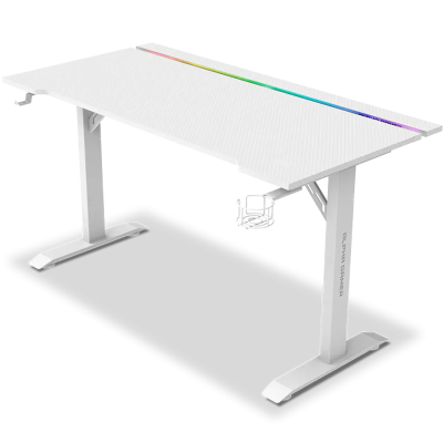 Mesa gaming branca com suporte para copo e iluminação RGB