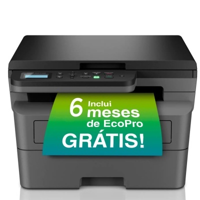 Impressora multifuncional preta a imprimir papel verde com texto promocional