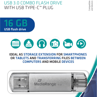 Pen drive USB 3.0 MediaRange 16 GB com conector USB Type-C na embalagem