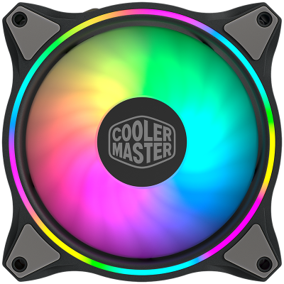 Ventoinha Cooler Master RGB colorida para computador com estrutura preta e detalhes cinza