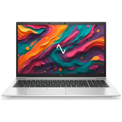 Portátil HP prateado com ecrã colorido e teclado preto