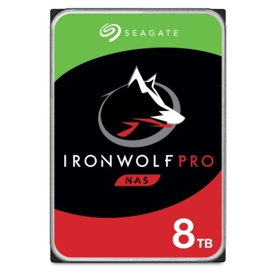 Disco rígido Seagate IronWolf Pro NAS 8TB com etiqueta colorida e logótipo de lobo