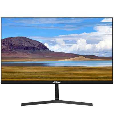 Monitor plano preto com paisagem natural no ecrã