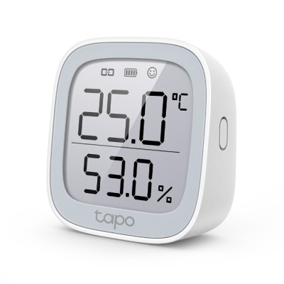Termómetro digital Tapo branco com display LCD a mostrar temperatura e humidade