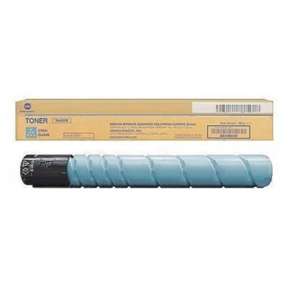 Toner cyan Konica Minolta TN227C com embalagem castanha e corpo azul