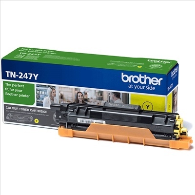 Cartucho de toner Brother TN-247Y amarelo com embalagem azul, verde e branca