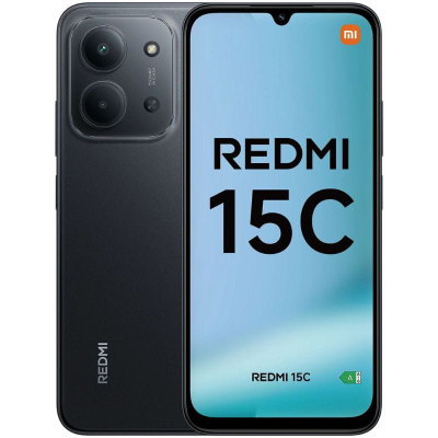 Smartphone Redmi 15C preto com ecrã azul e câmara dupla