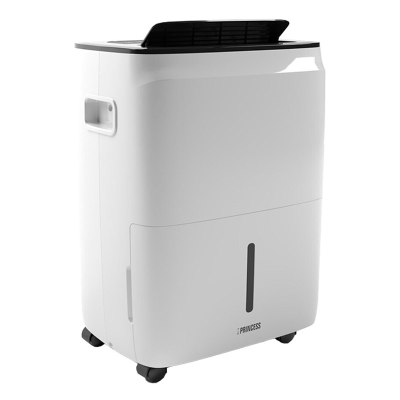 Desumidificador branco retangular com visor frontal e rodas pretas