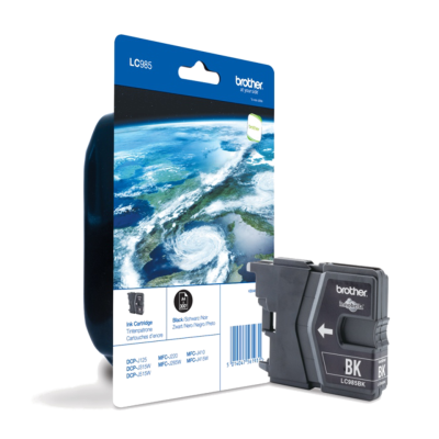 Cartucho de tinta preta Brother LC985BK com embalagem azul e imagem do planeta Terra