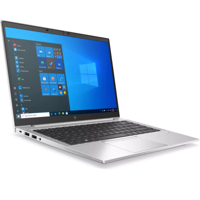 Portátil cinzento HP aberto a mostrar interface Windows 10