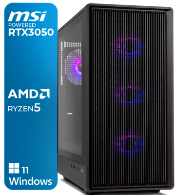 Computador de secretária preto com ventoinhas iluminadas e painel lateral de vidro