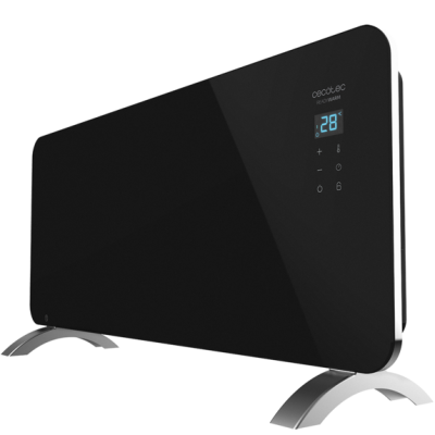 Aquecedor digital preto com ecrã LED azul e estrutura prateada.