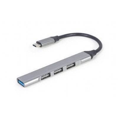 Hub USB portátil prateado com 3 portas USB-A e uma porta USB 3.0 azul, conector USB-C