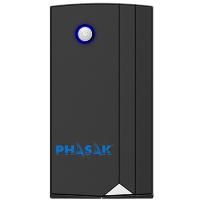 Dispositivo eletrónico preto com botão iluminado e logótipo PHASAK azul