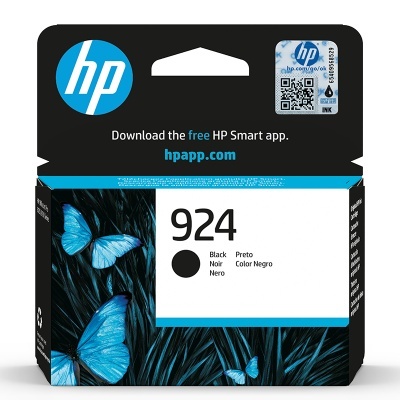 Embalagem de tinta preta HP 924 com borboletas azuis e QR code