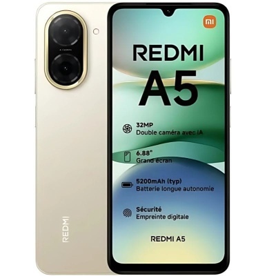 Smartphone Redmi A5 dourado com câmara dupla e ecrã a mostrar especificações em francês