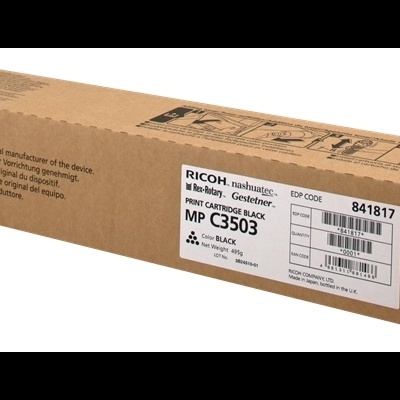 Embalagem de cartucho de impressão Ricoh MP C3503 preta em caixa de cartão
