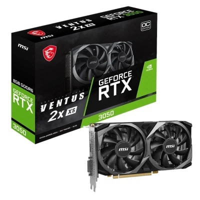 Placa gráfica MSI GeForce RTX 3050 VENTUS 2X XS com caixa preta e verde.