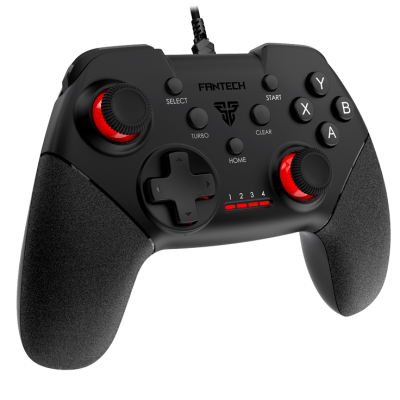 Comando de videojogos FANTECH preto com botões vermelhos e pretos e pega texturada.