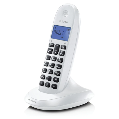 Telefone fixo sem fios branco Motorola com visor digital e teclado numérico preto