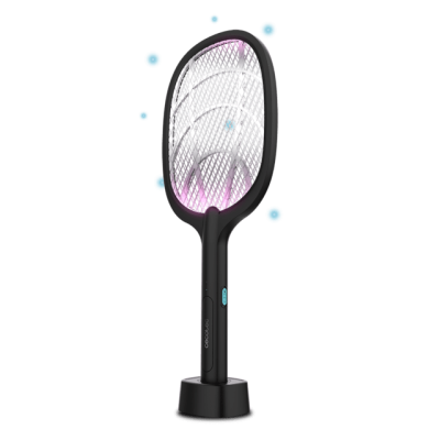Raquete elétrica para insetos com luz roxa e base preta