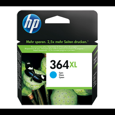 Cartucho HP 364XL ciano com imagem de borboleta azul em folhas verdes