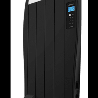 Aquecedor elétrico vertical preto com painel digital e suporte de apoio