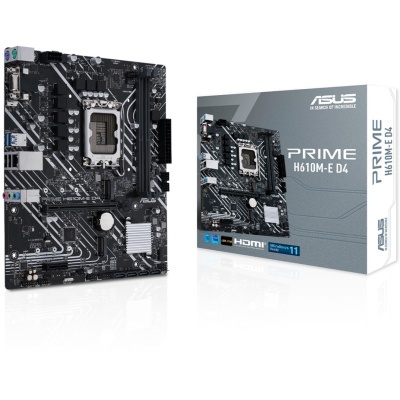 Placa-mãe Asus PRIME H610M-E D4 preta ao lado da caixa cinzenta em fundo branco
