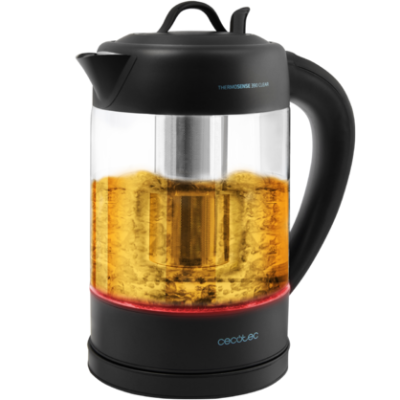 Chaleira elétrica de vidro transparente com base preta e tampa preta