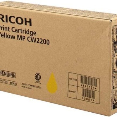 Caixa de cartucho de impressão Ricoh Yellow MP CW2200 castanha com texto e códigos pretos
