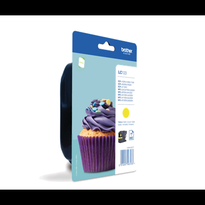 Cartucho de tinta Brother LC-1100 amarelo em embalagem azul com imagem de cupcake